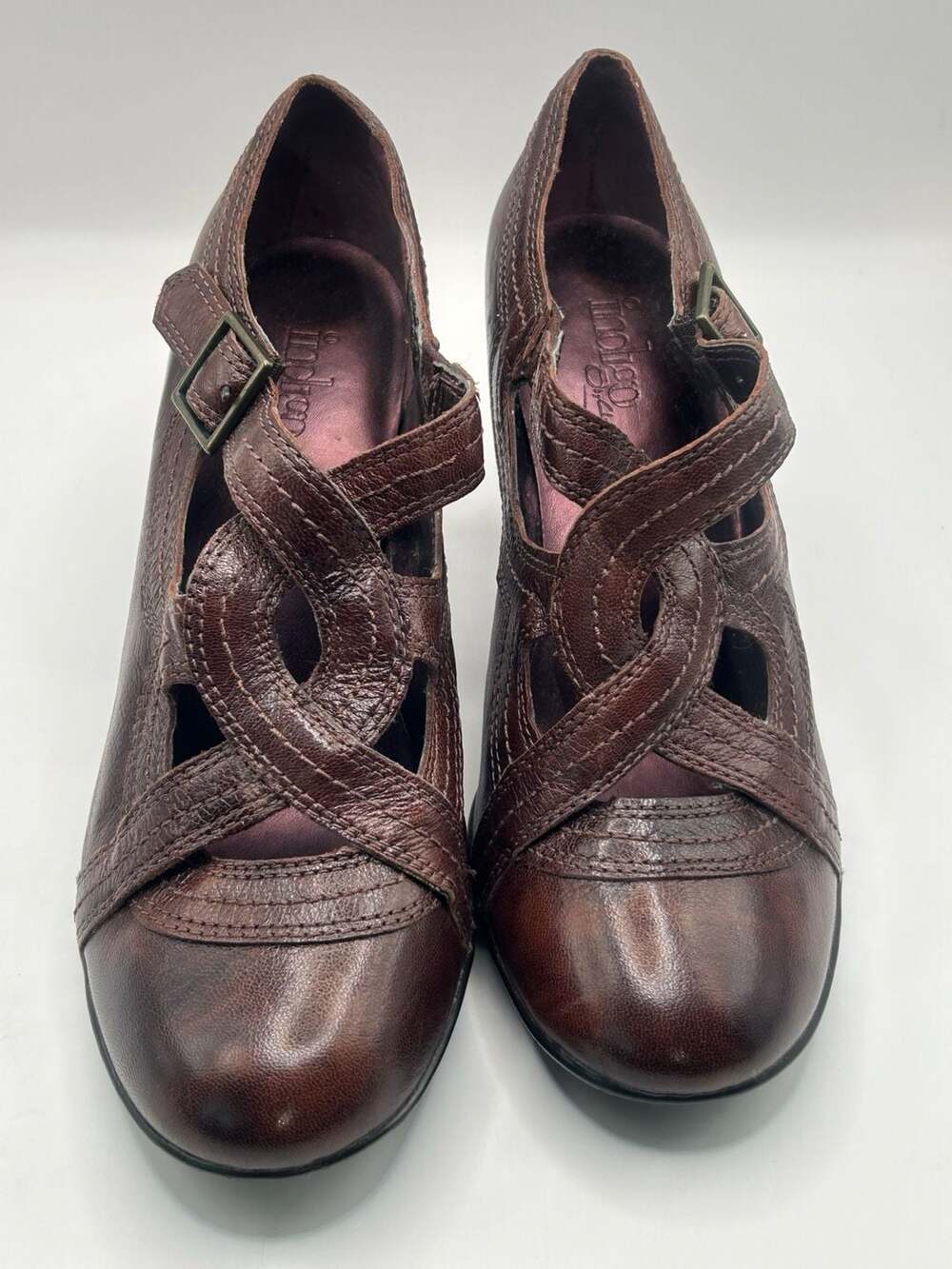 Indigo by Clarks Brown Leather Crisscross Strappy Block Heel Shoes